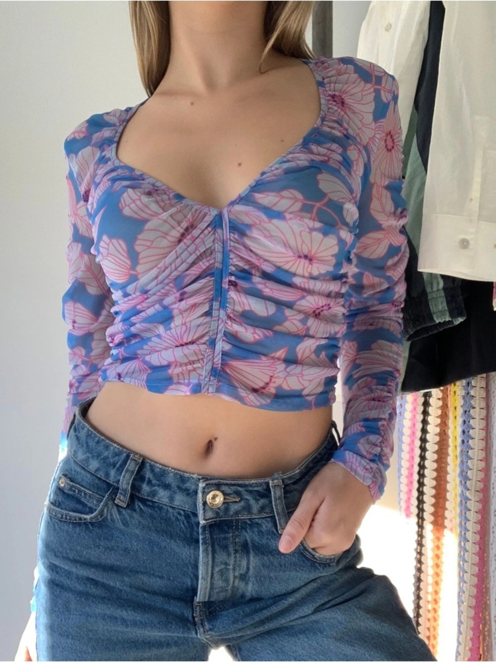 Zara Blue and Pink Floral Ruched Long-Sleeve Crop Top